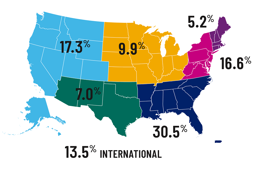 Map of the United States showing geographic distribution of the Oxford College class of 2022